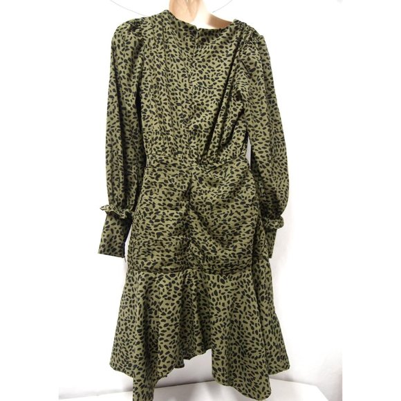 Walter Baker Womens Dress 4 Olive Green Animal Spot Long Sleeve Pleated Wrap - Picture 5 of 8